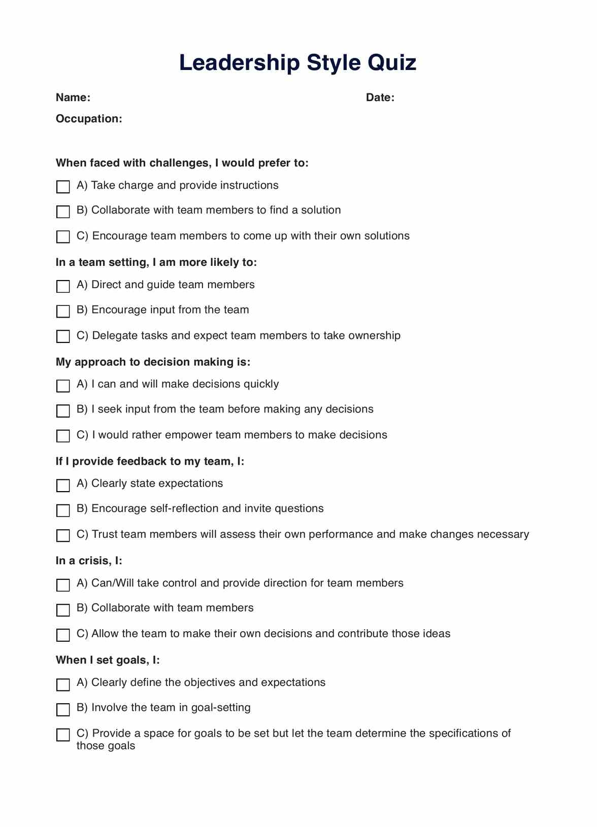 Leadership Styles Quiz U0026 Example Free PDF Download Leadership Styles Quiz U0026 Example Free PDF Download