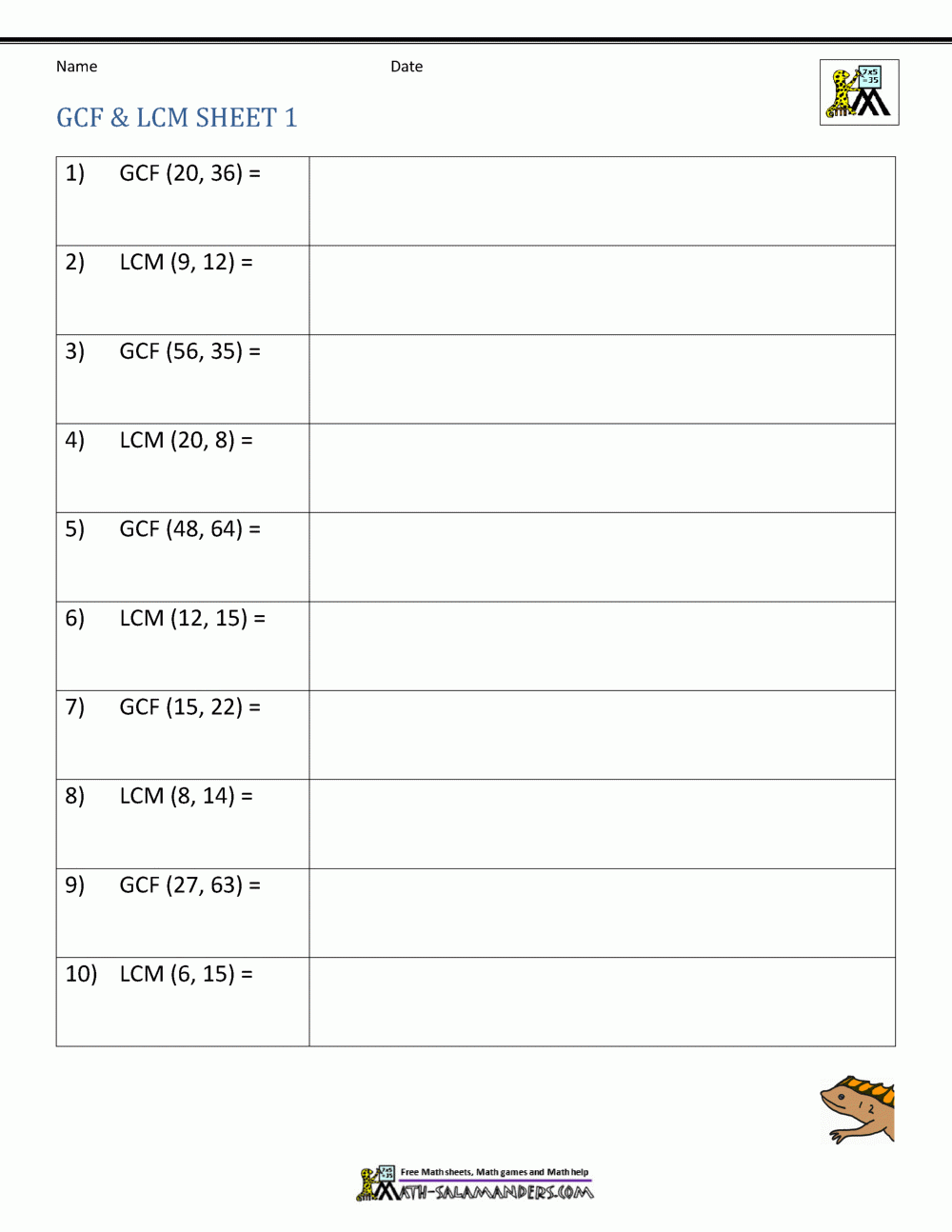 Least Common Multiple Worksheets Page