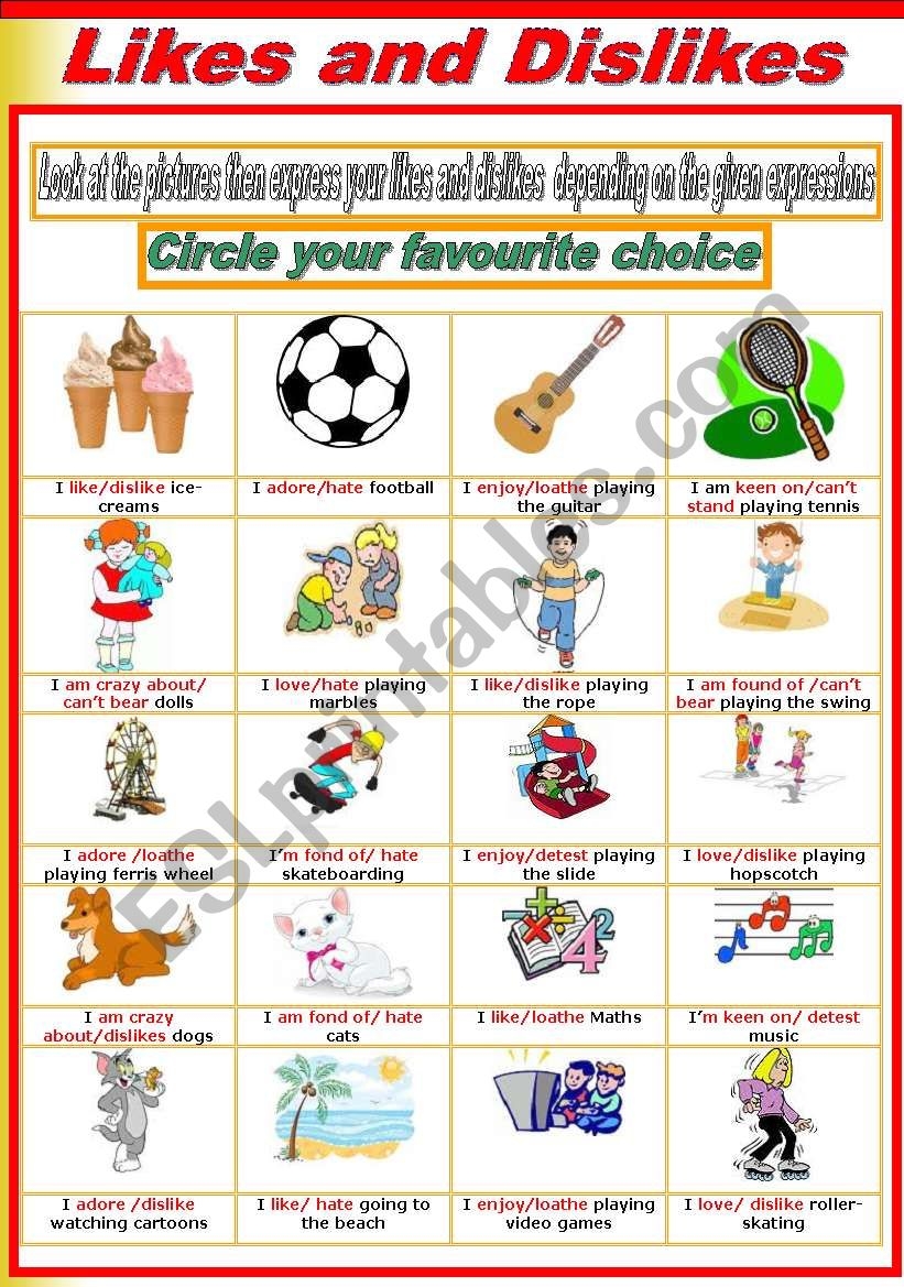 Likes And Dislikes Circle Yor Favourite Choice ESL Worksheet By Mabdel