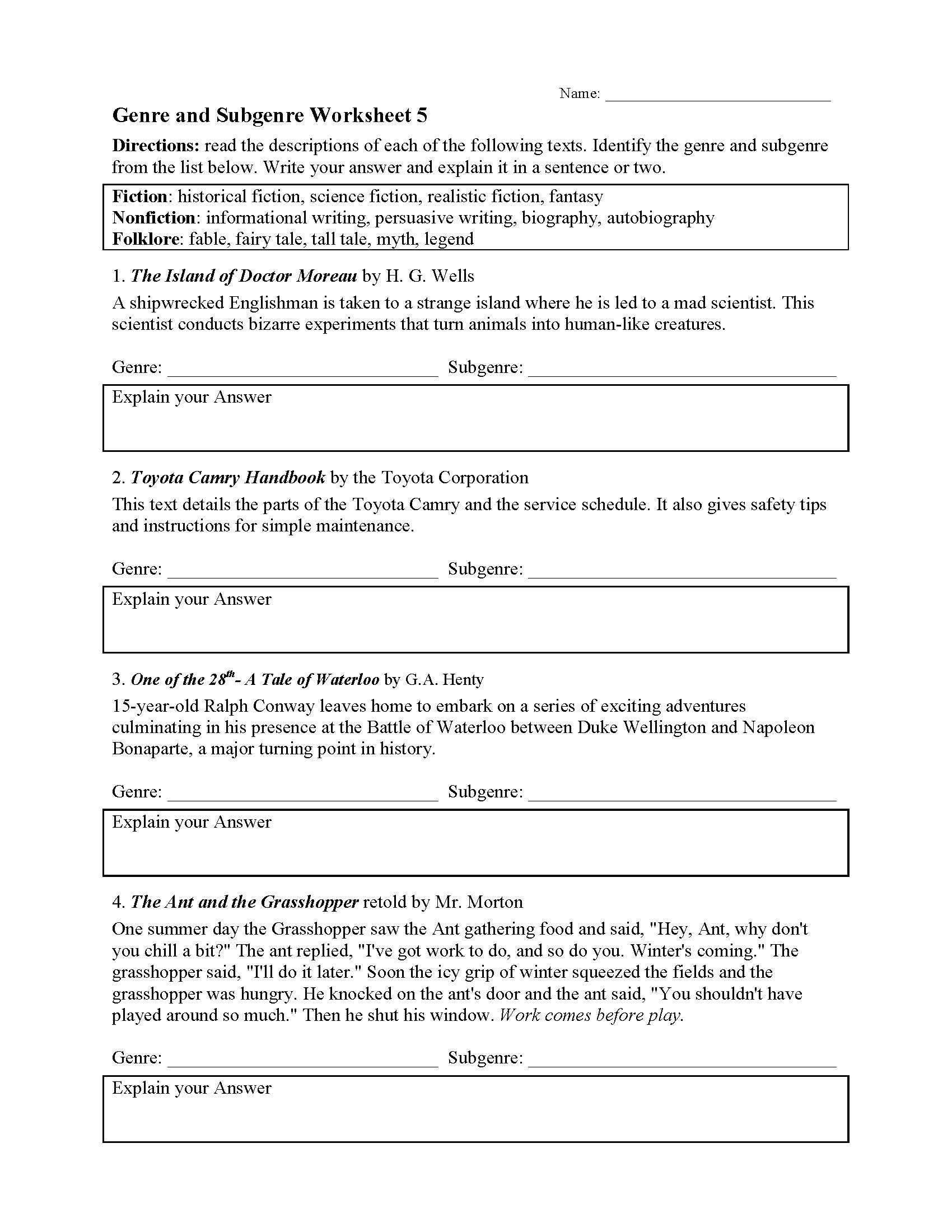 Literary Genre Ereading Worksheets