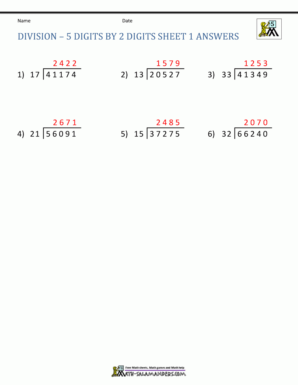 Long Division Worksheets For 5th Grade