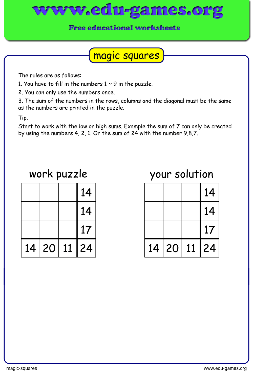 Free Printable Magic Squares Worksheets