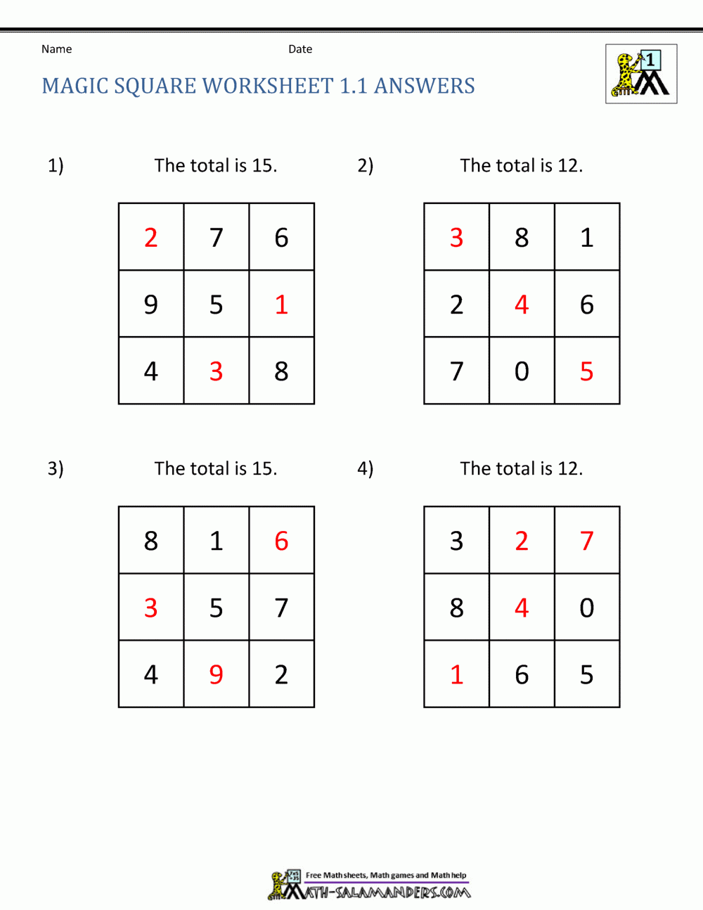 Magic Square Worksheets