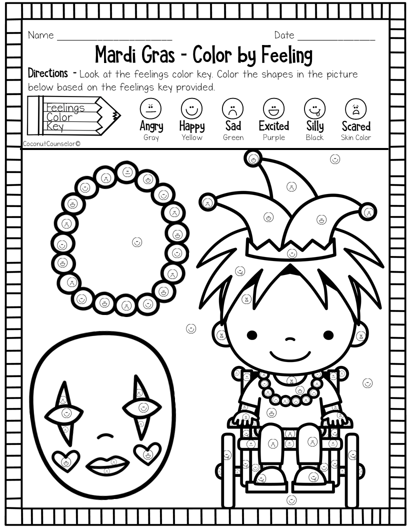 Mardi Gras Color By Feeling Worksheets