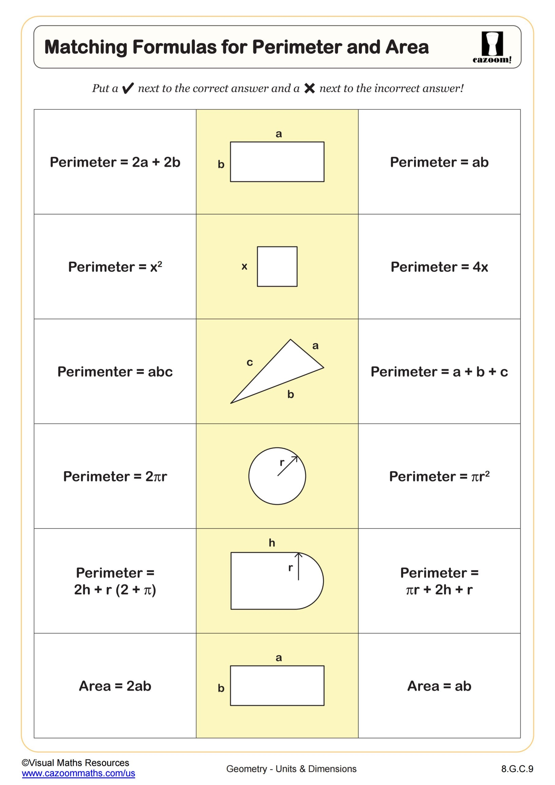 Matching Formulas For Perimeter And Area Worksheet PDF Printable  Matching Formulas For Perimeter And Area Worksheet PDF Printable