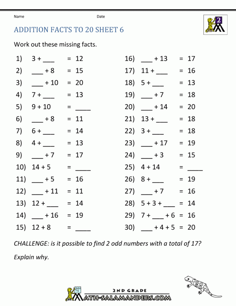 Math Addition Facts To 20
