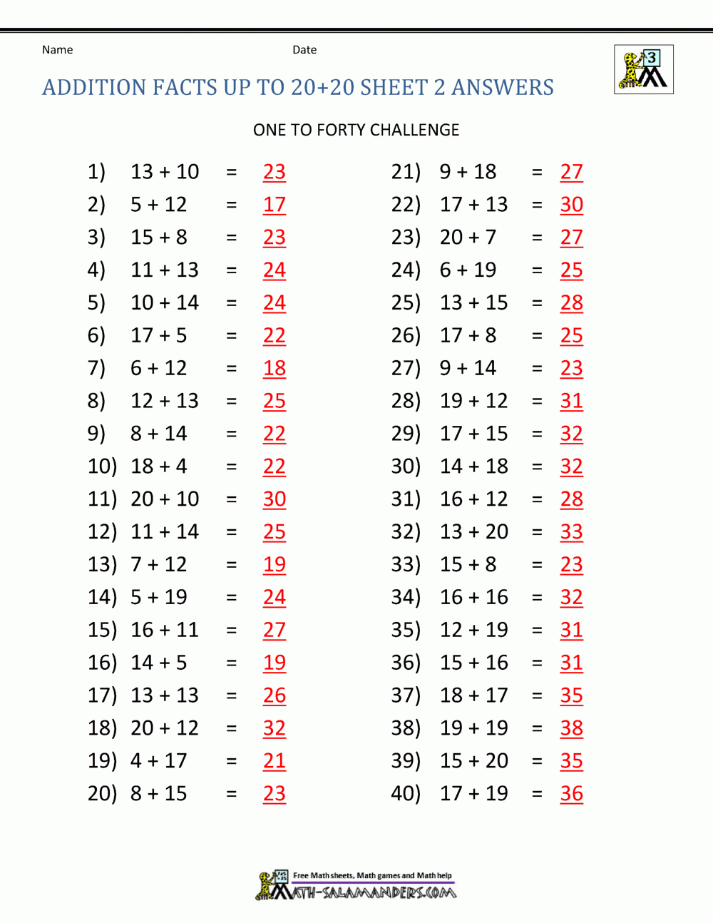 Math Addition Facts To 20