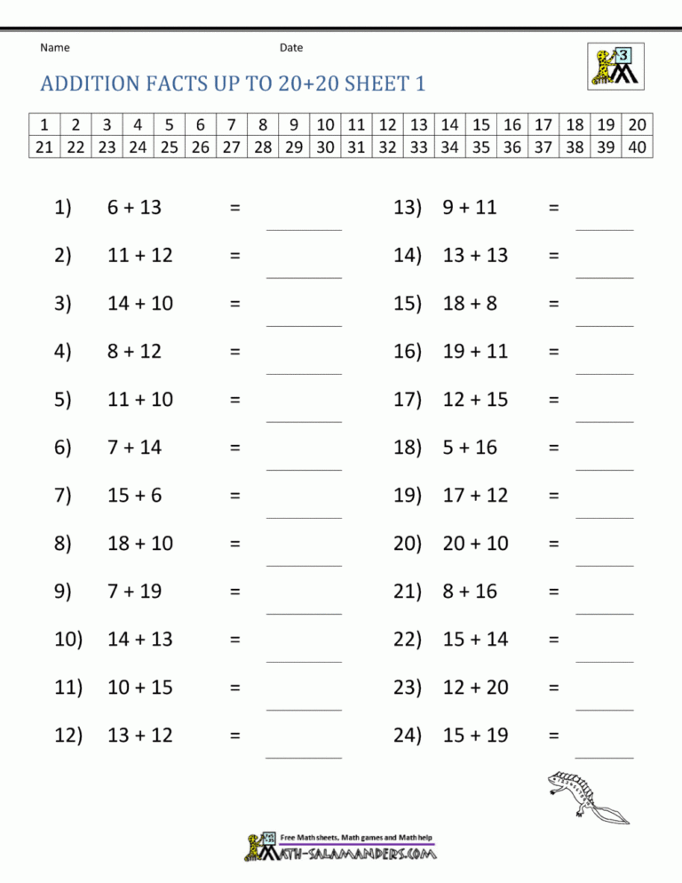 Math Addition Facts To 20