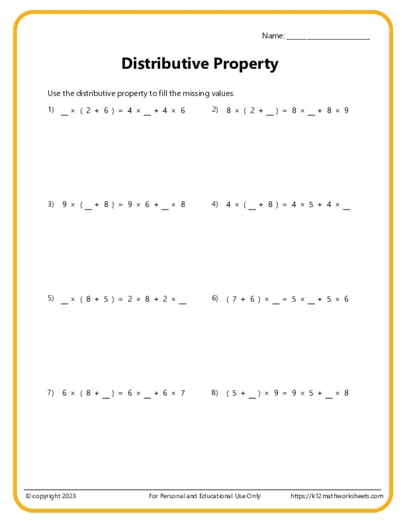 Math Properties Worksheets
