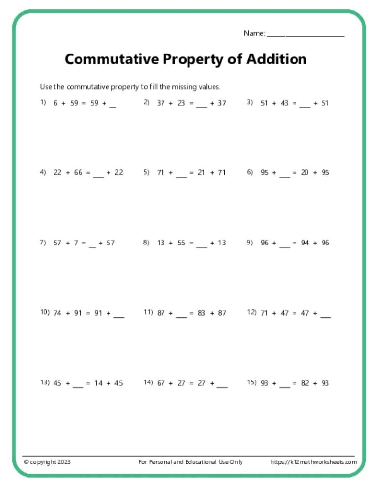 Math Properties Worksheets