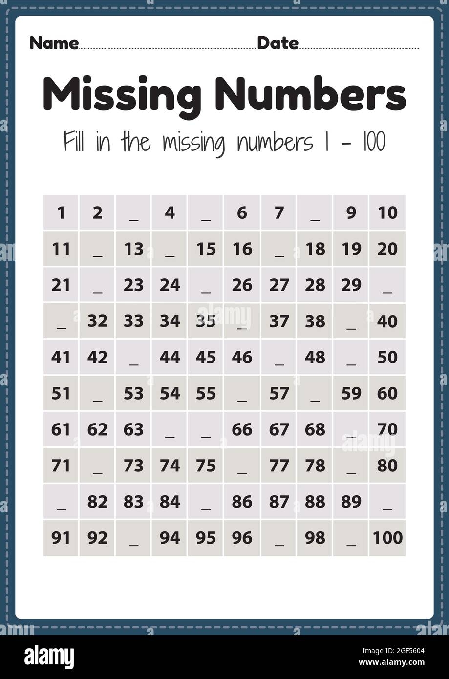 Maths Worksheet For Nursery Missing Numbers 1 To 100 Printable Sheet For Preschool And Kindergarten Kids Activity To Learn Basic Mathematics Skills Stock Vector Image U0026 Art Alamy Maths Worksheet For Nursery Missing Numbers 1 To 100 Printable Sheet For Preschool And Kindergarten Kids Activity To Learn Basic Mathematics Skills Stock Vector Image U0026 Art Alamy