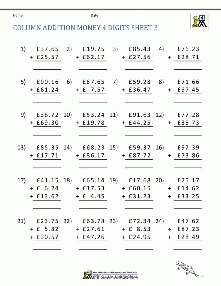 Money Addition Worksheets UK Money