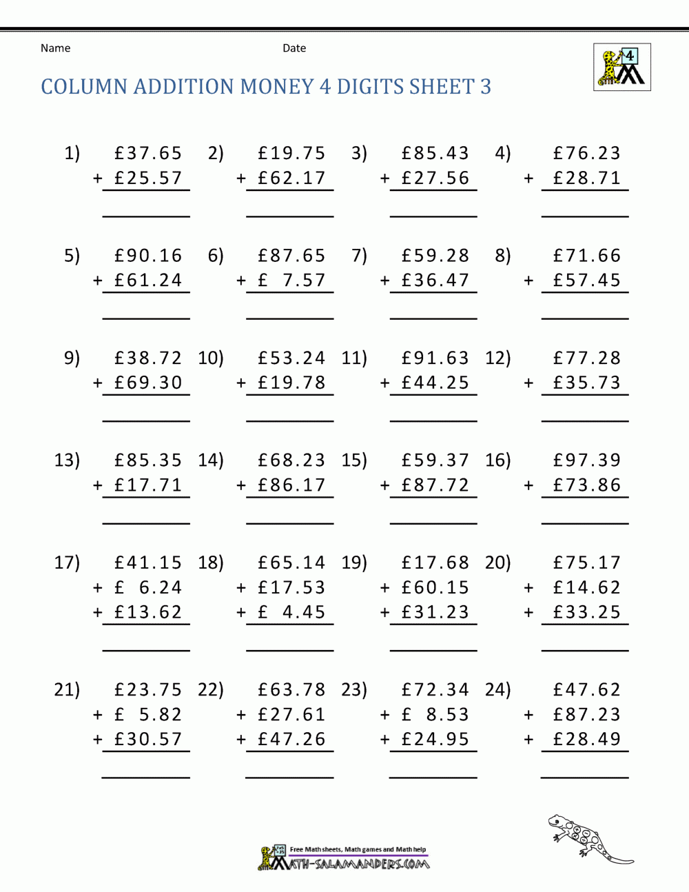 Money Addition Worksheets UK Money