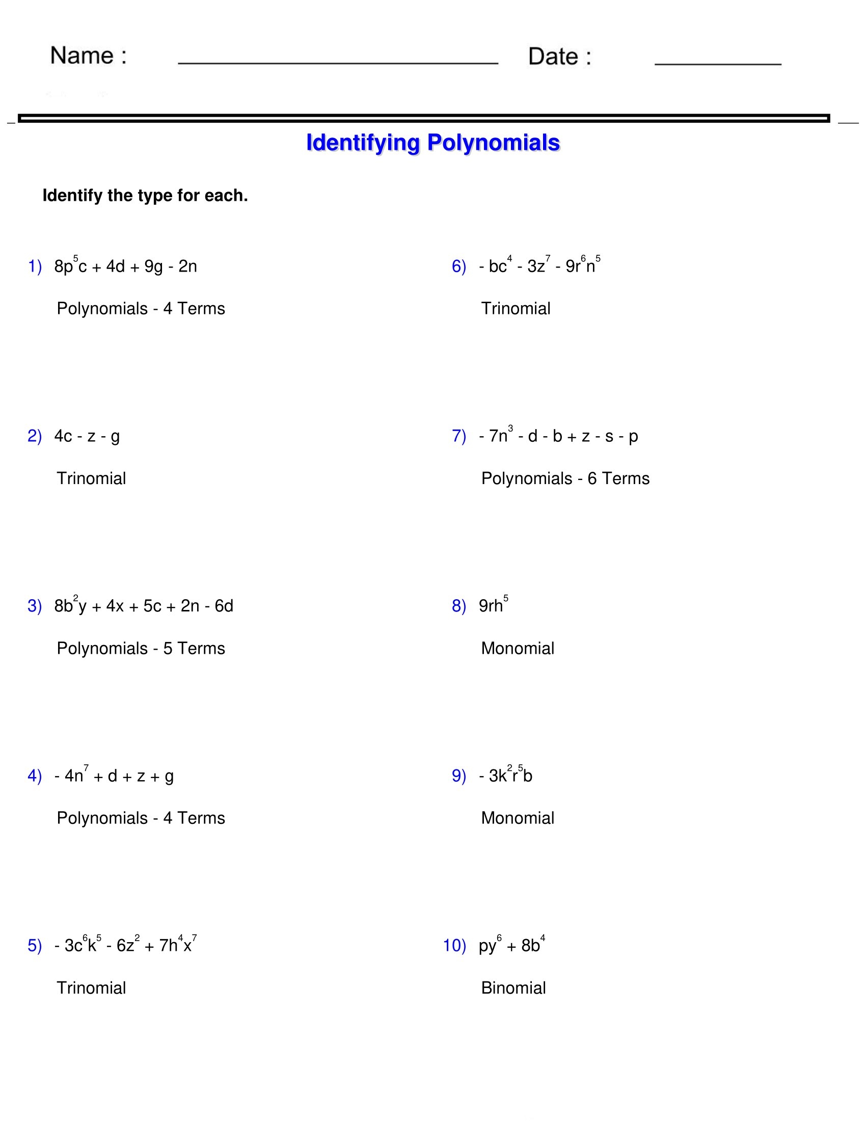 Monomials And Polynomials Worksheets Identifying Type Of Monomials And Polynomials Worksheets Identifying Type Of