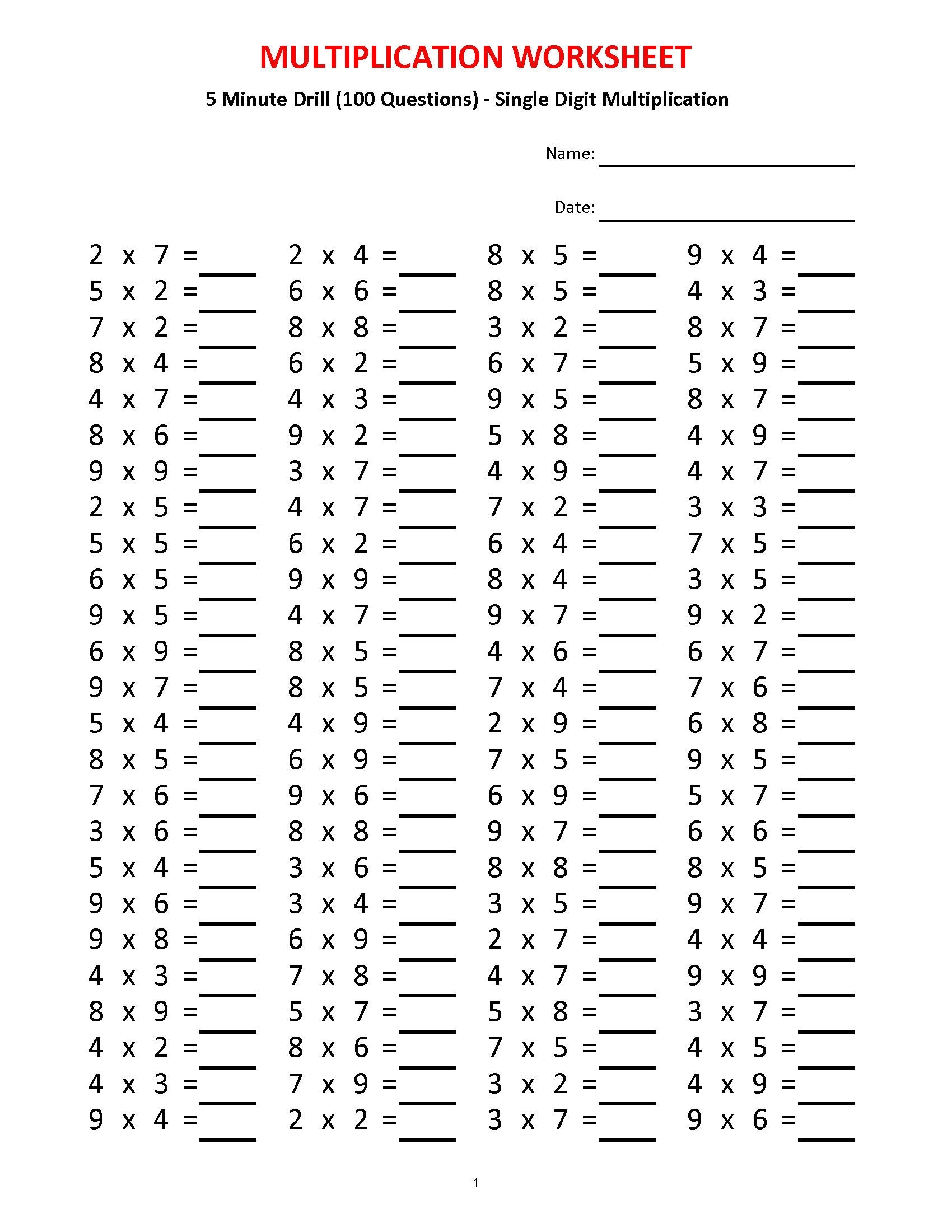 Multiplication 5 Minute Drill worksheets With Answers pdf Year 2 3 4 Grade 2 3 4 printable Worksheets Basic Multiplication Etsy UK