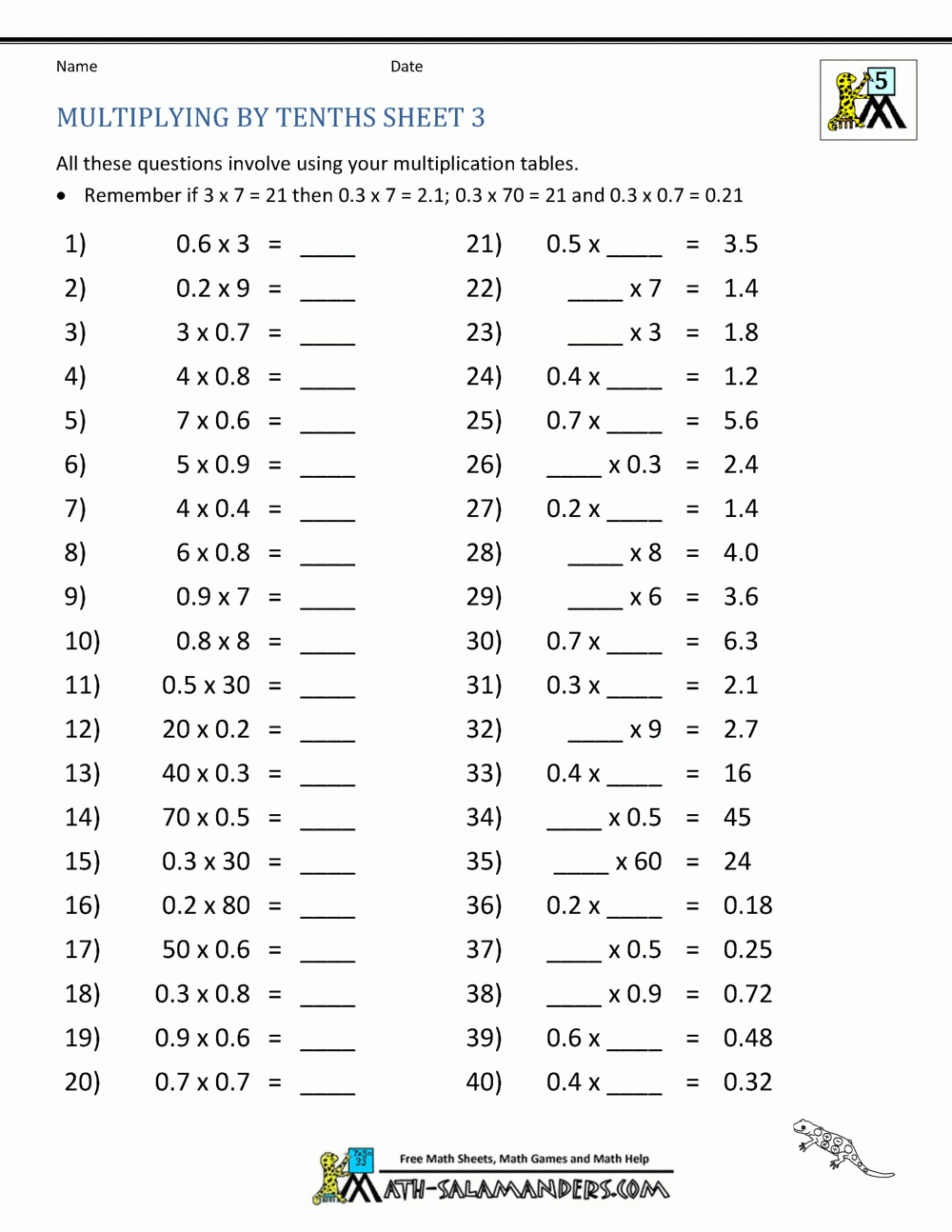 Math Decimals Free Printable Worksheets