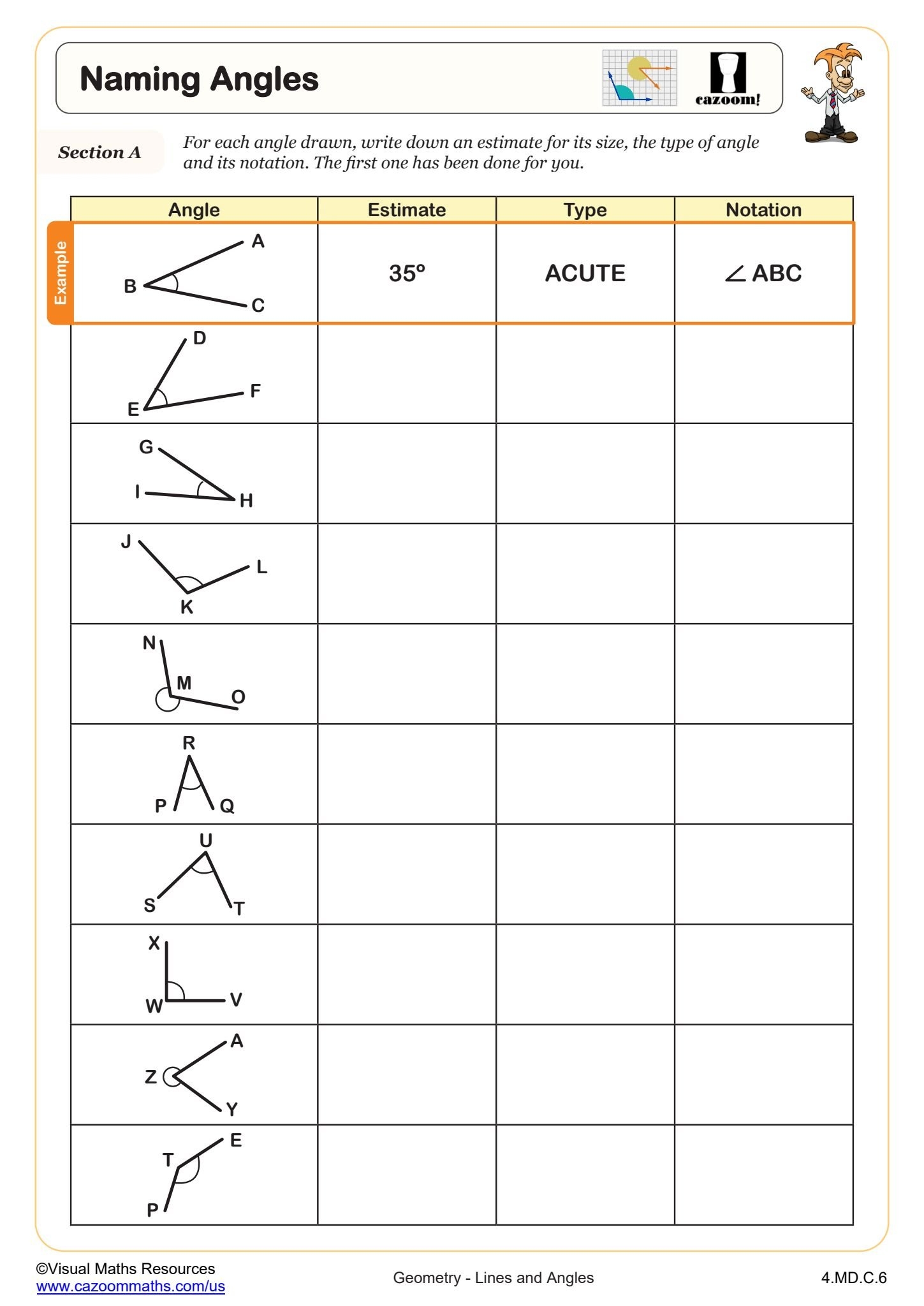Naming Angles Worksheet PDF Printable Geometry Worksheet