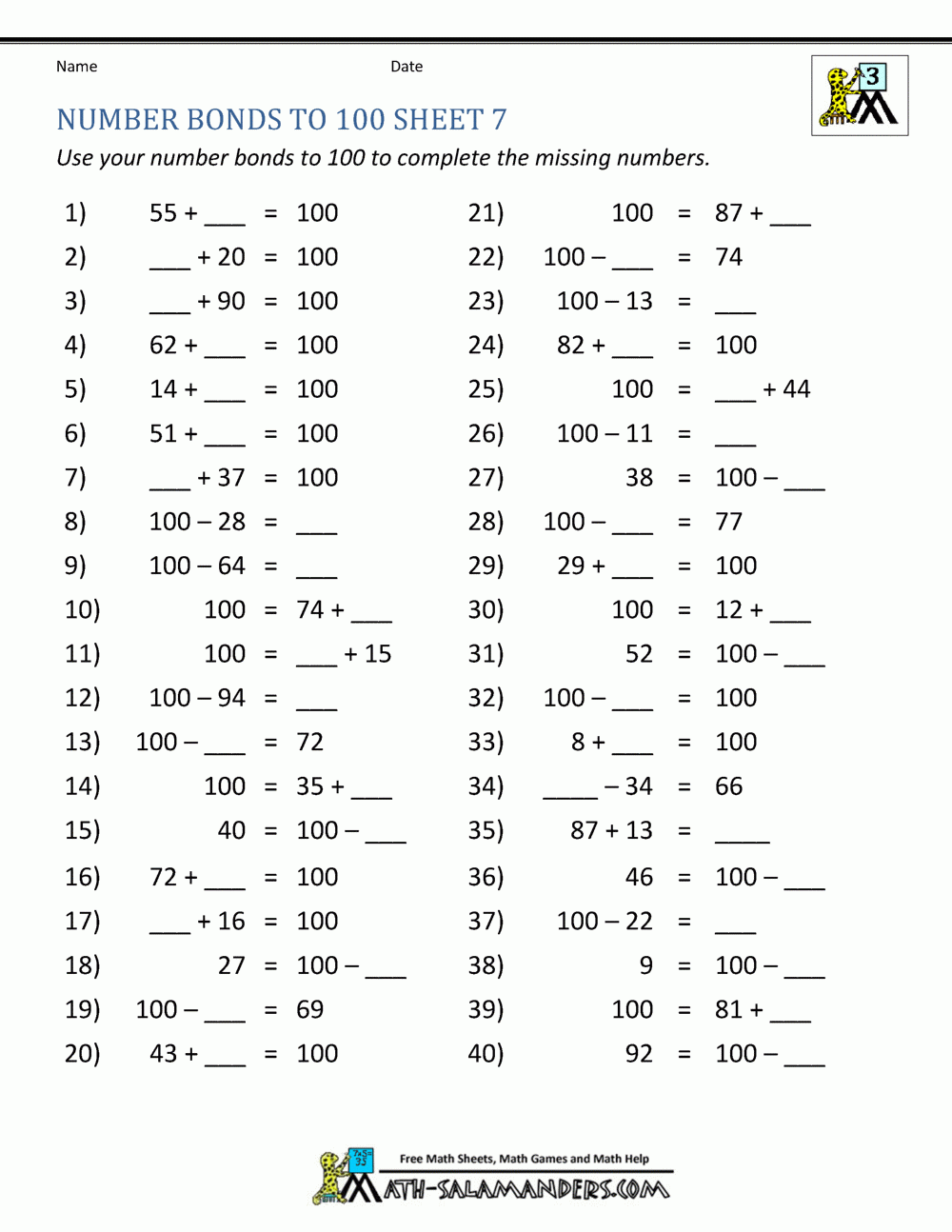 Number Bonds Worksheets To 100
