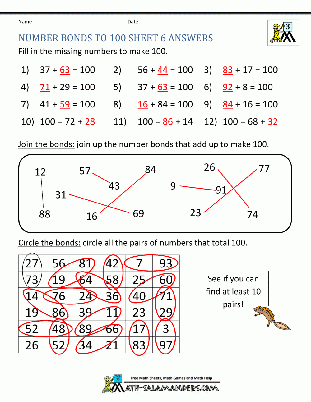 Number Bonds Worksheets To 100