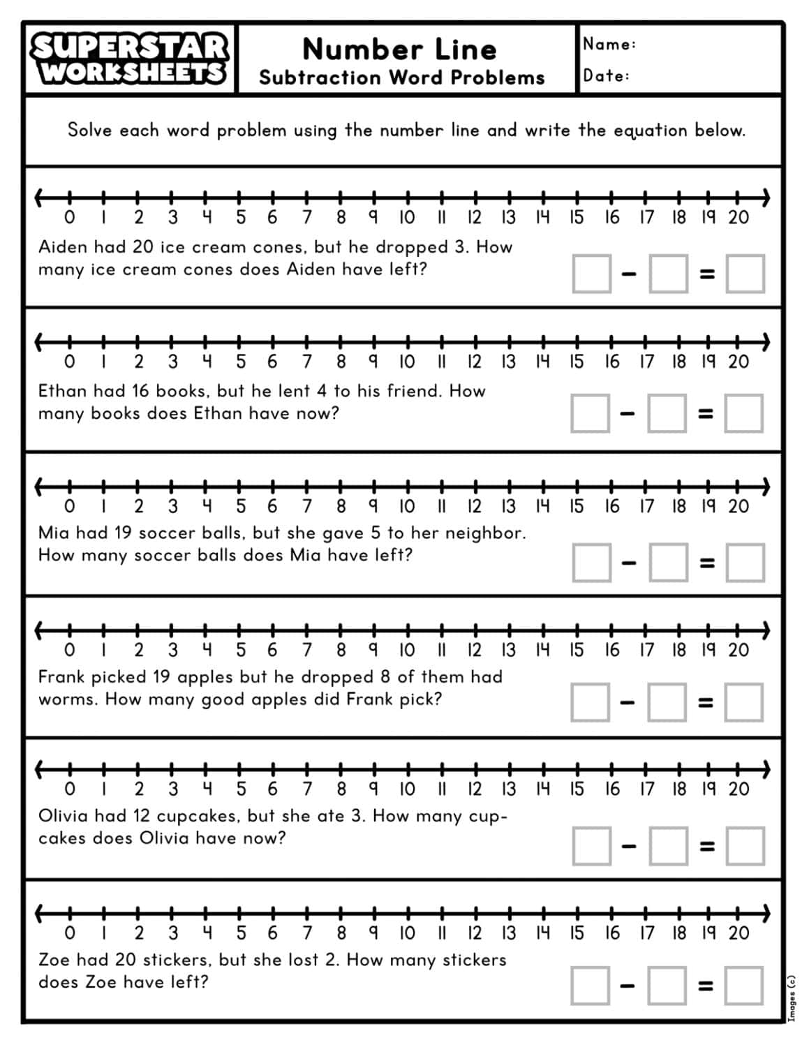 Number Line Subtraction Superstar Worksheets