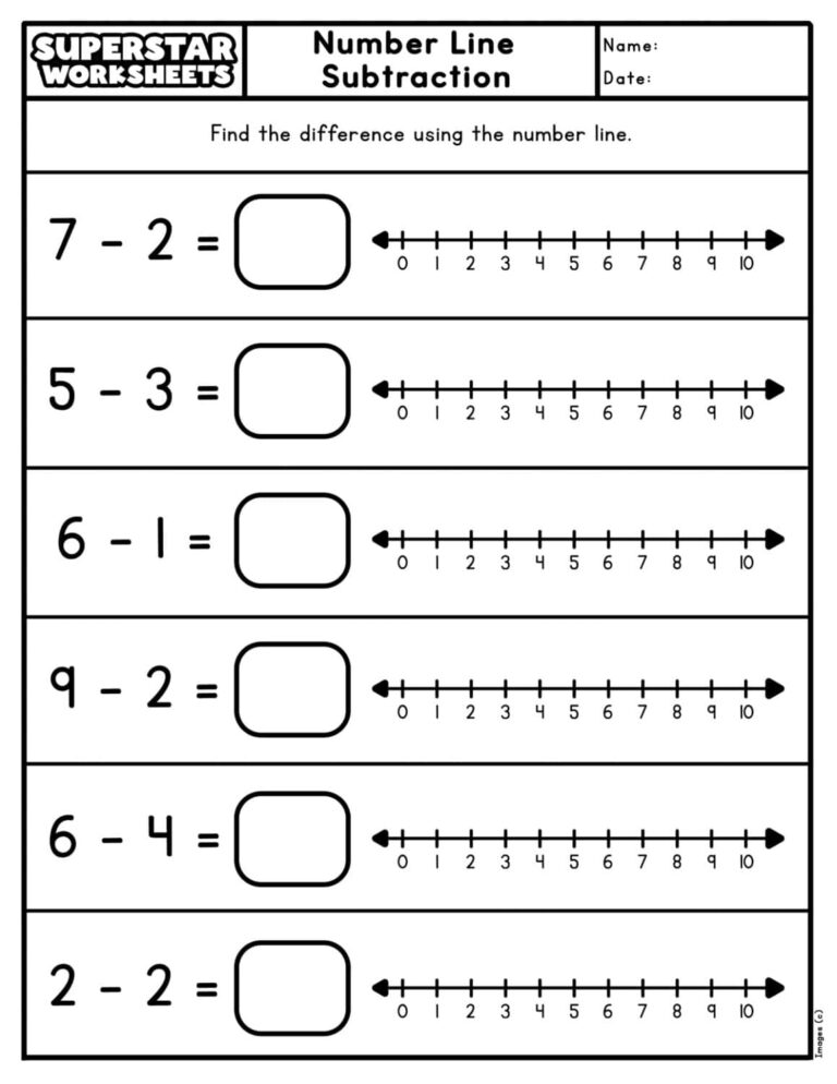Number Line Subtraction Superstar Worksheets