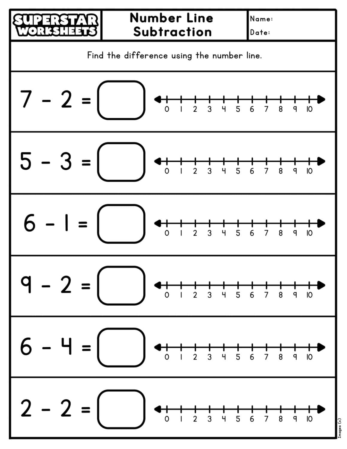 Number Line Subtraction Superstar Worksheets