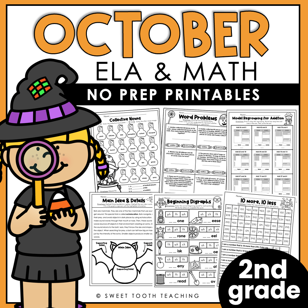 October Printables Second Grade Review Worksheets ELA Grammar 