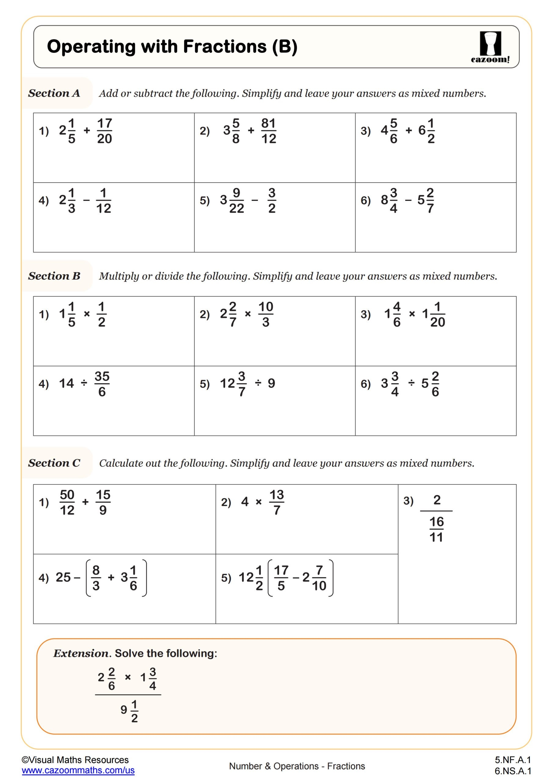 Operations With Fractions B Worksheet PDF Printable Number U0026 Operations Worksheet