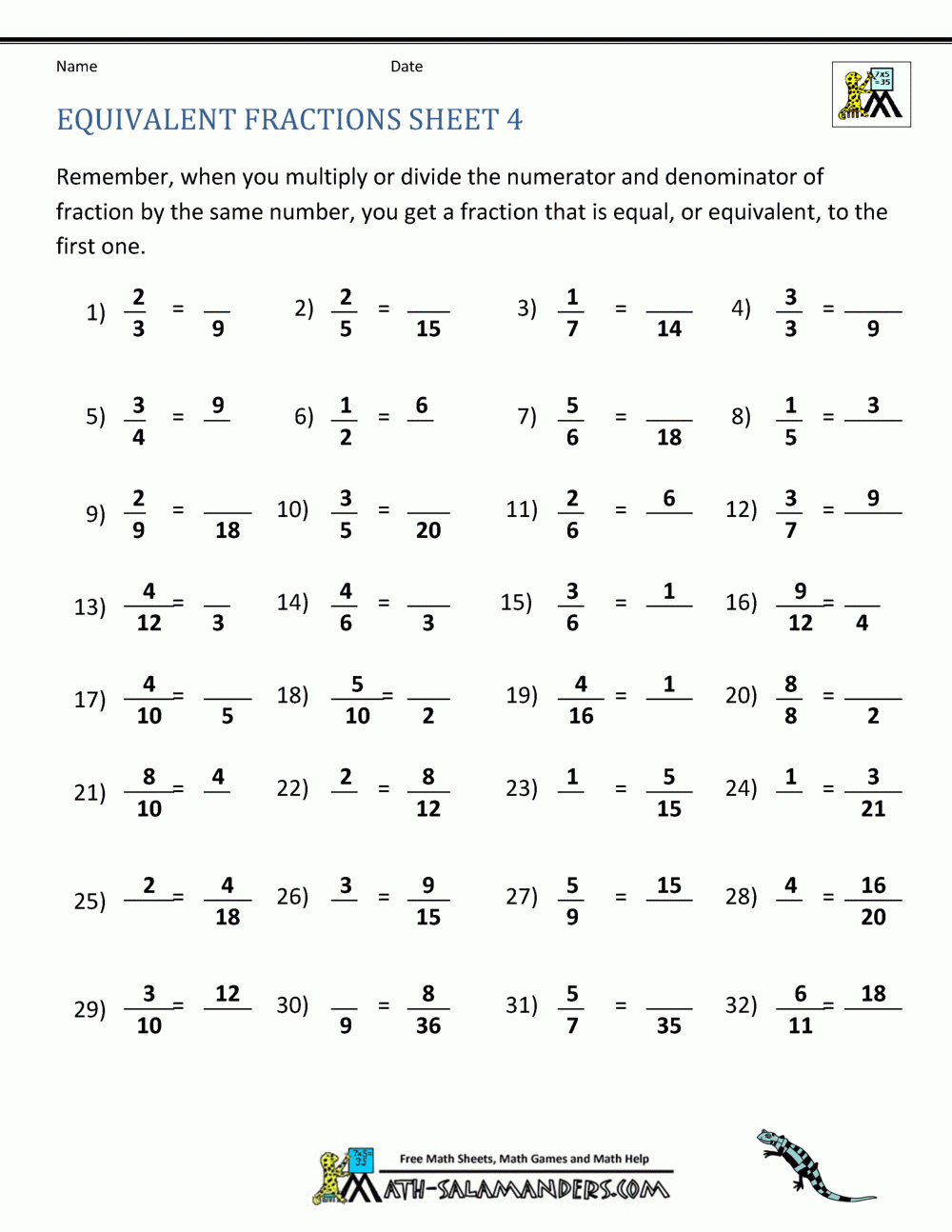 Our Equivalent Fractions Worksheets Page 