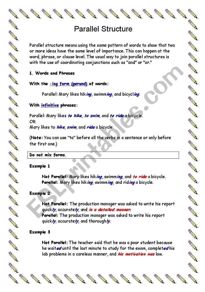 Parallel Structure ESL Worksheet By Anancy