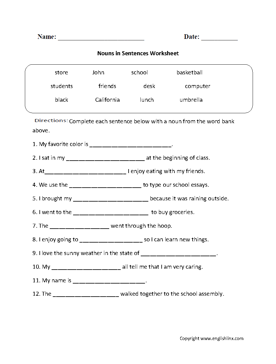 Free Noun Printable Worksheets