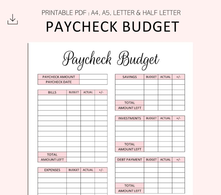 Paycheck Budget Printable PDF A4 A5 Letter Half Letter Etsy
