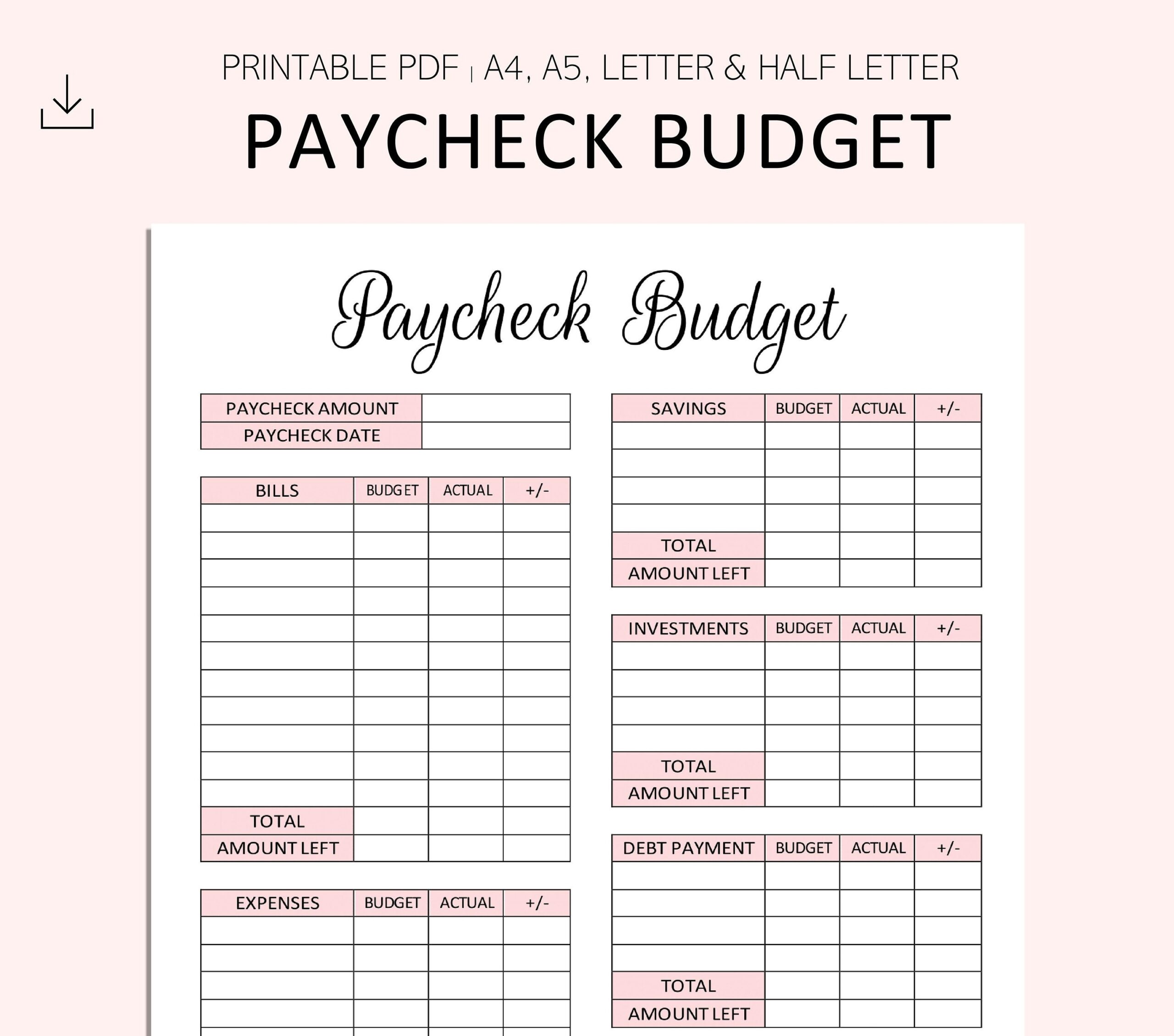 Paycheck Budget Printable PDF A4 A5 Letter Half Letter Etsy