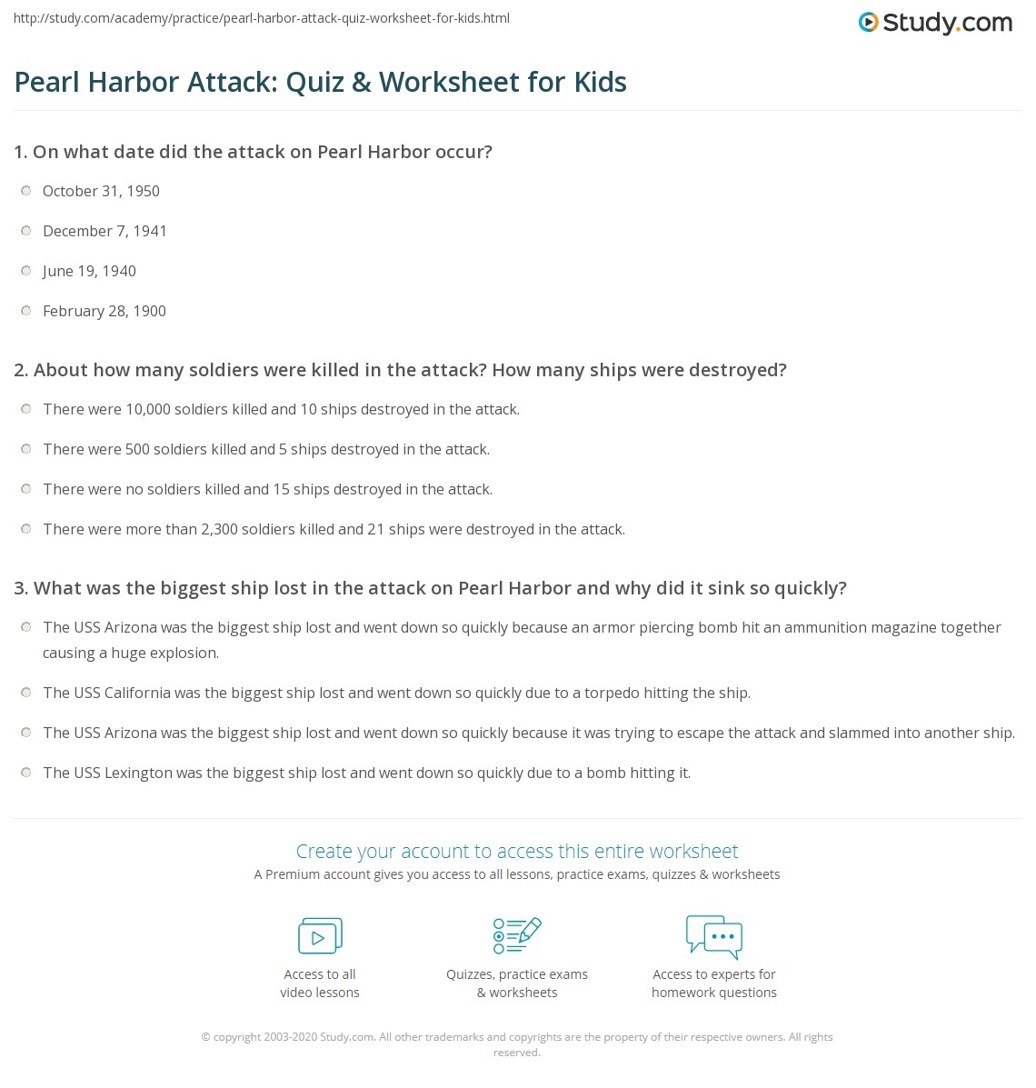 Pearl Harbor Attack Quiz U0026 Worksheet For Kids Study