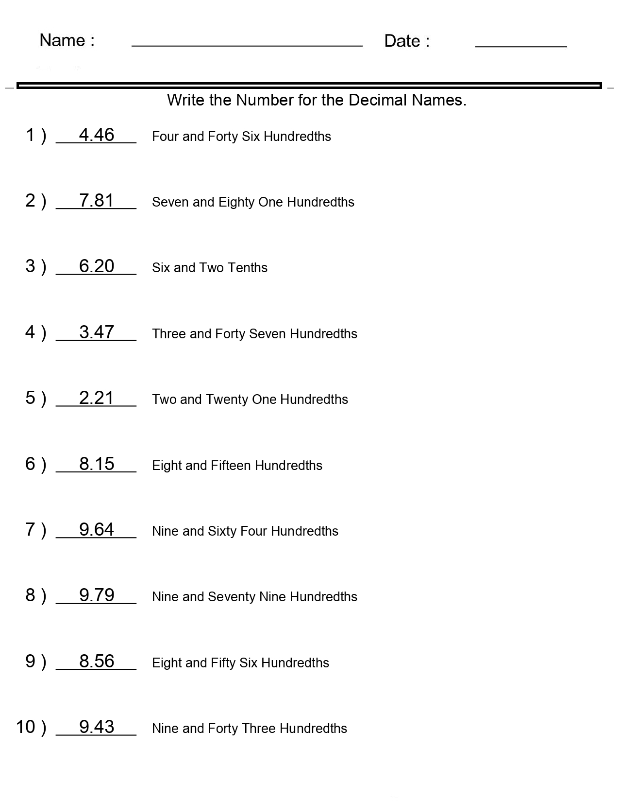 Place Value Worksheets Decimal Numbers For Word Names Worksheets