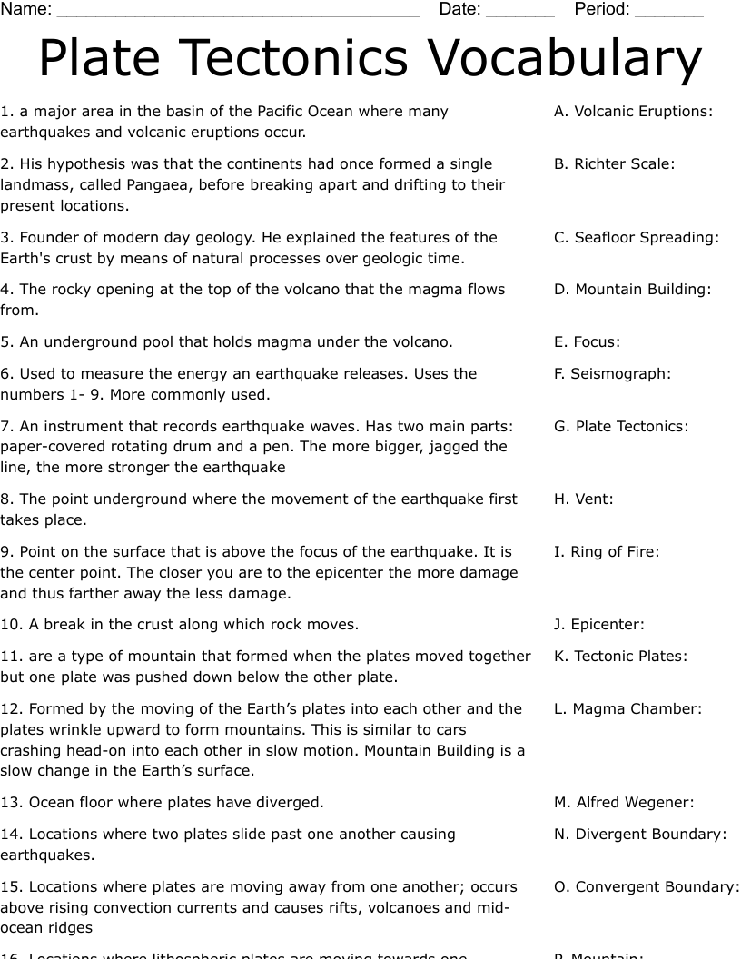 Free Printable Plate Tectonics Worksheet