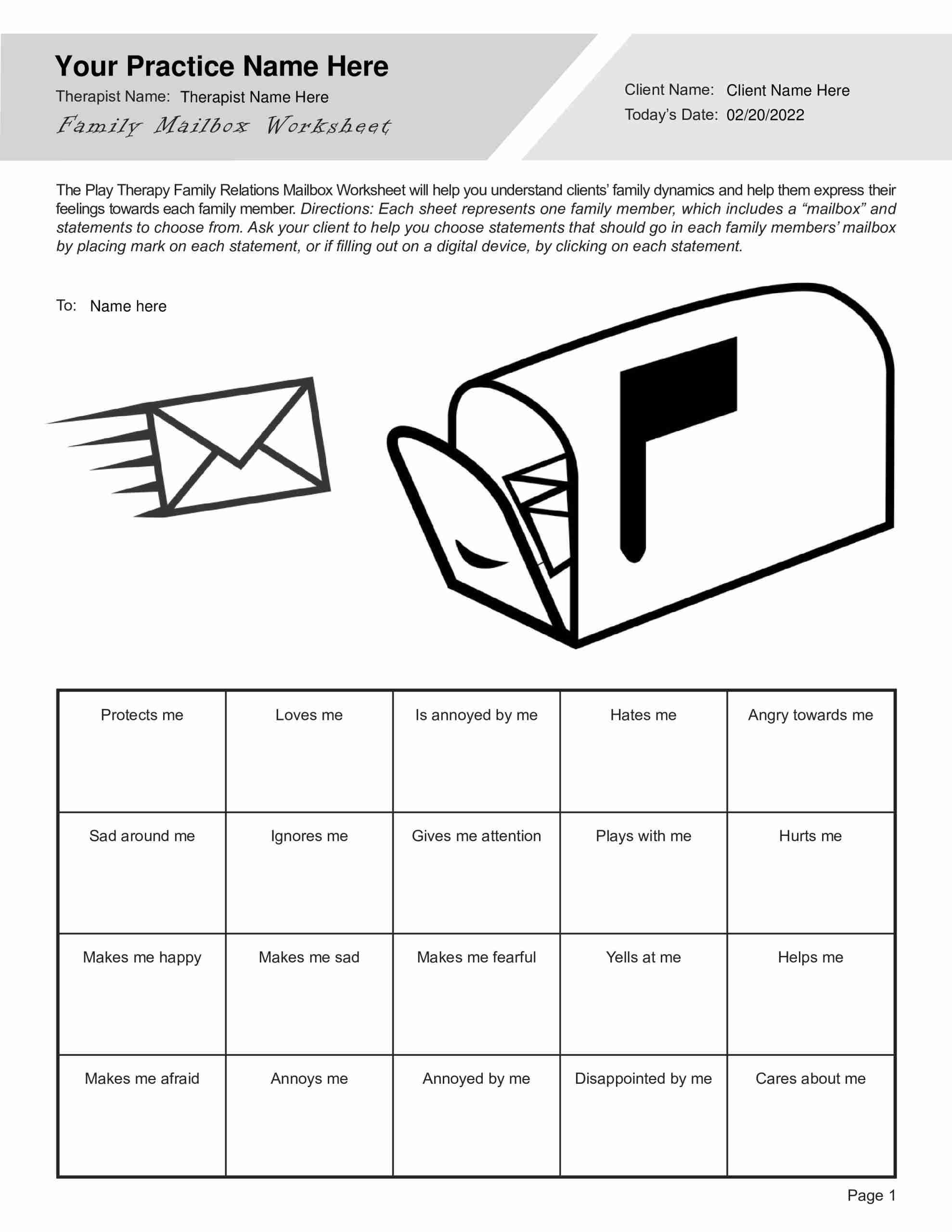 Play Therapy Family Relations Mailbox Worksheet PDF 
