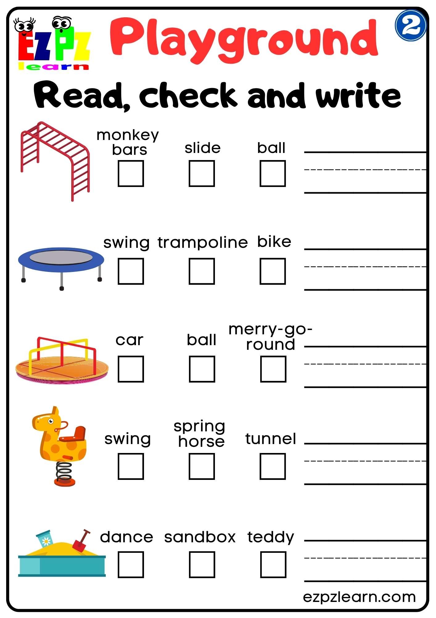 Playground Vocabulary 2 Read Check And Write Worksheet For Kindergarten And ESL Students Free Download Ezpzlearn Playground Vocabulary 2 Read Check And Write Worksheet For Kindergarten And ESL Students Free Download Ezpzlearn