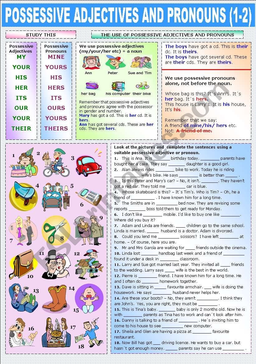 POSSESSIVE ADJECTIVES AND PRONOUNS 1 2 ESL Worksheet By Katiana POSSESSIVE ADJECTIVES AND PRONOUNS 1 2 ESL Worksheet By Katiana