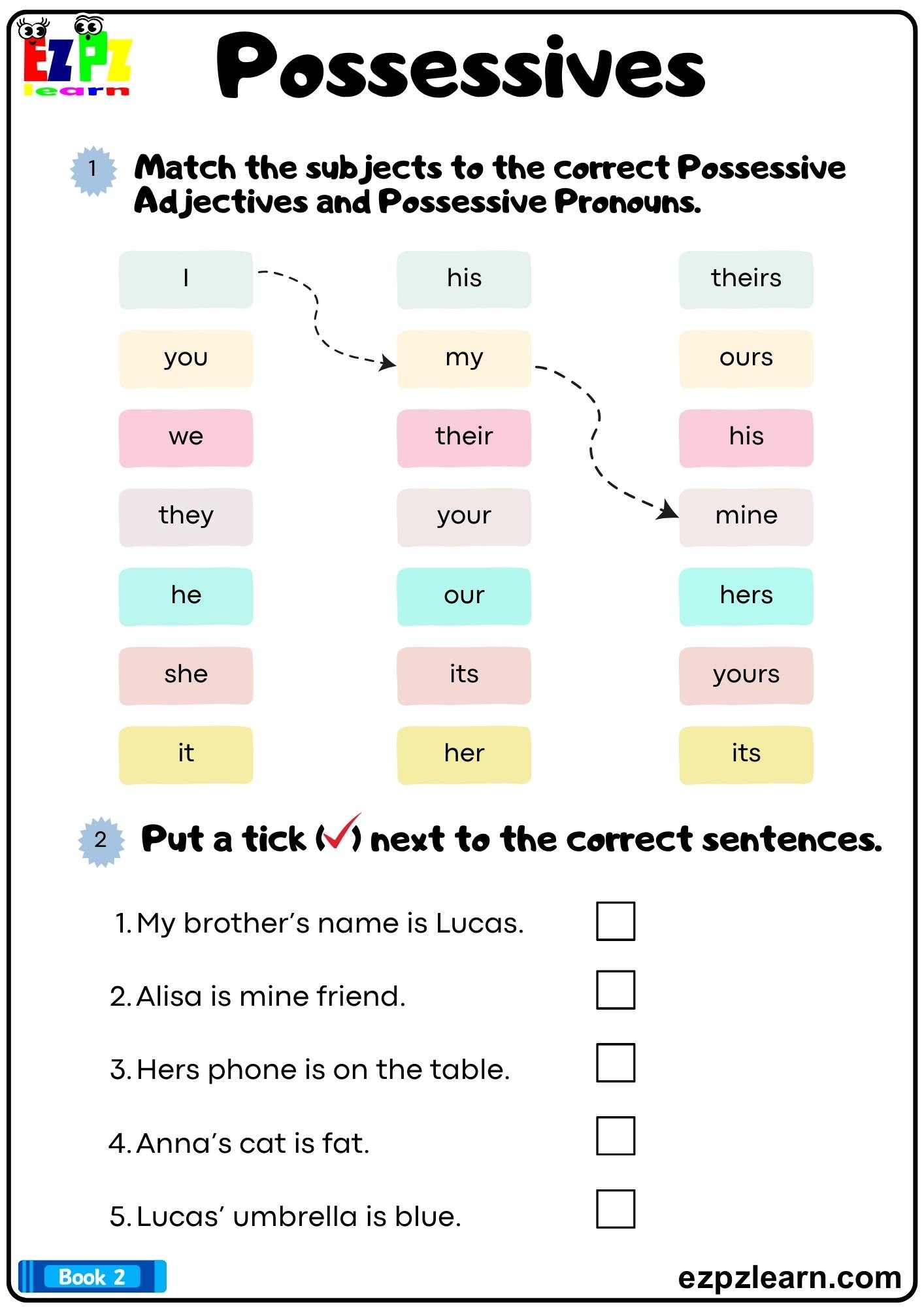 Possessives Match The Subjects To The Possessive Adjectives And Possessive Pronouns Bk2 Downloadable Pdf Ezpzlearn Possessives Match The Subjects To The Possessive Adjectives And Possessive Pronouns Bk2 Downloadable Pdf Ezpzlearn