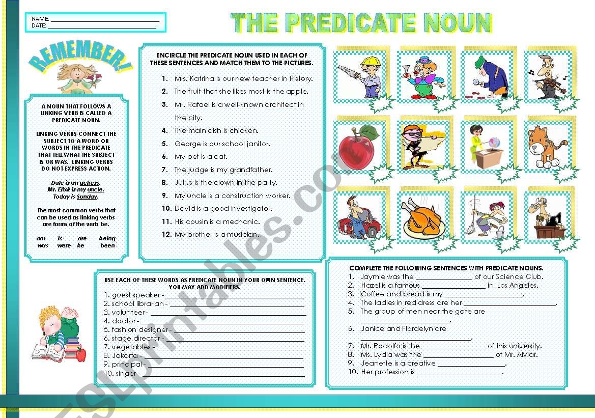 Free Printable Worksheets On Predicate Nouns