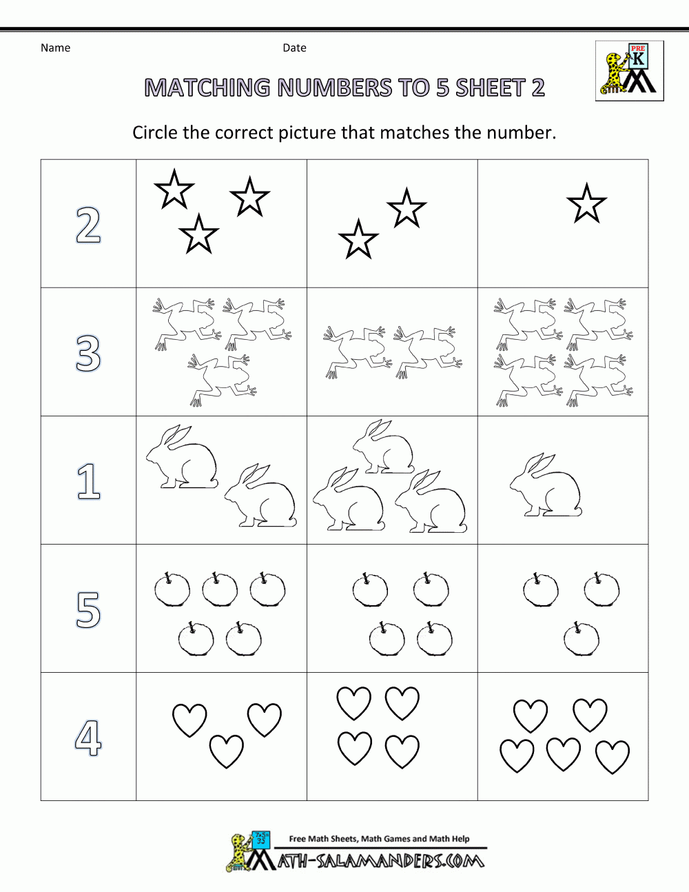 Preschool Math Worksheets Matching To 5 Preschool Math Worksheets Matching To 5
