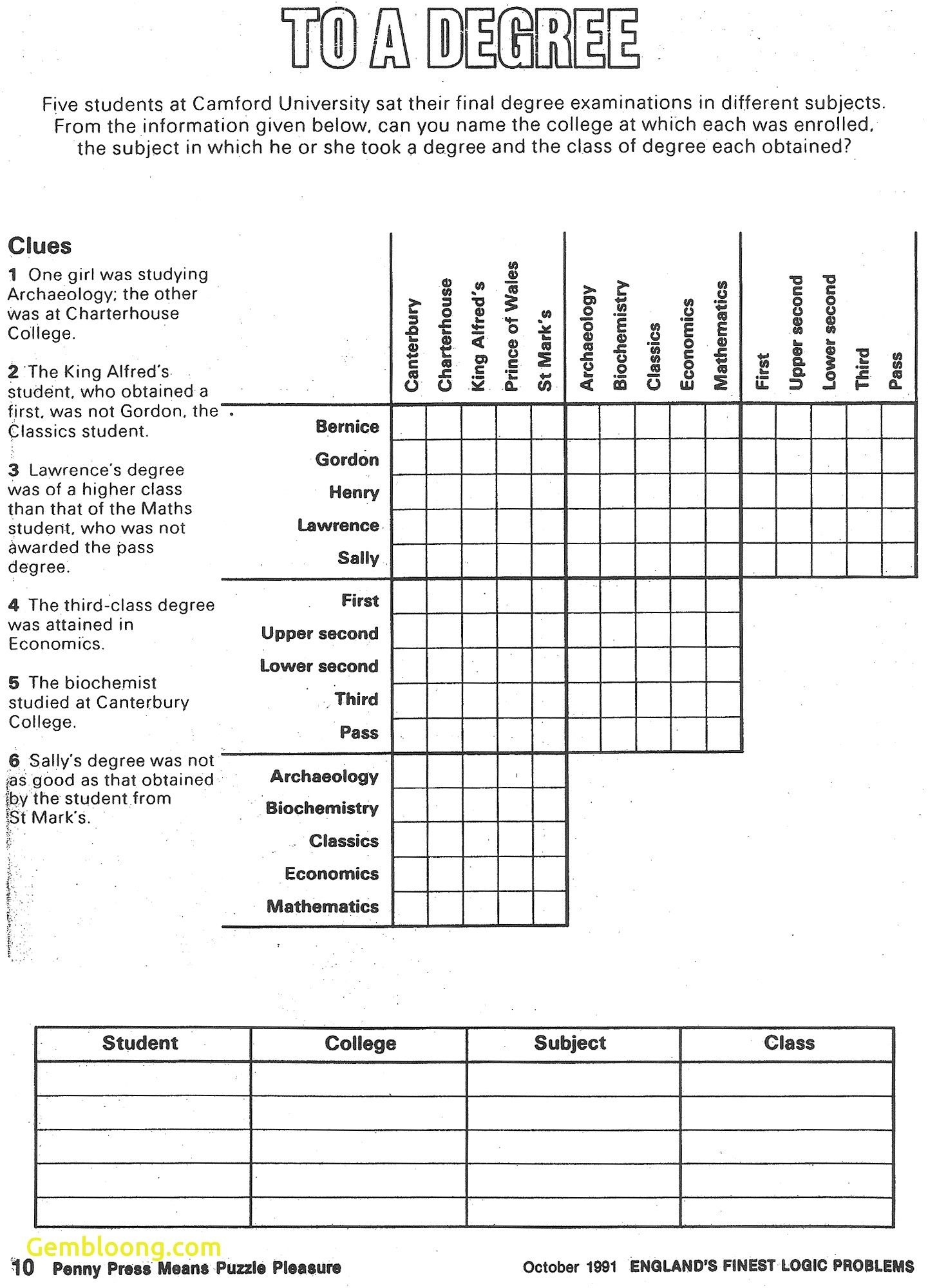 Printable Logic Puzzle Worksheets Library