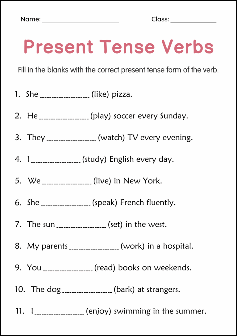 Printable Simple Present Tense Verbs Grammar Worksheets For Grade 
