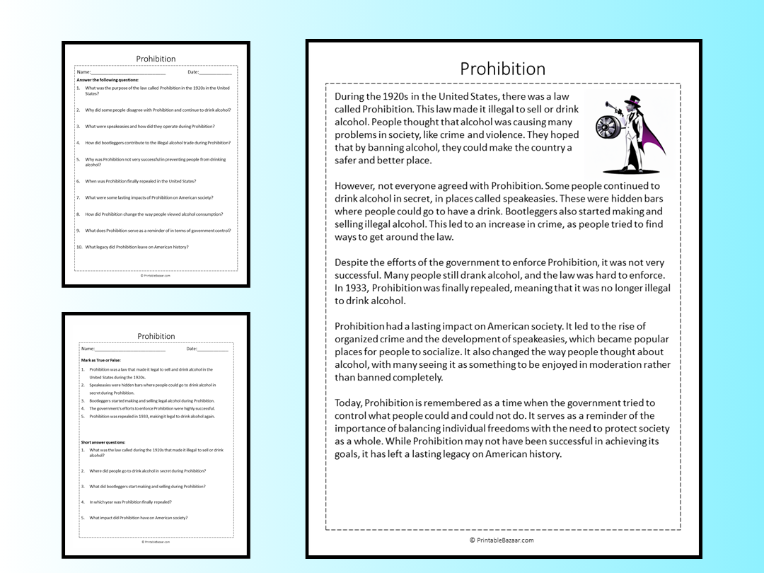 Prohibition Reading Comprehension Passage Printable Worksheet Teaching Resources