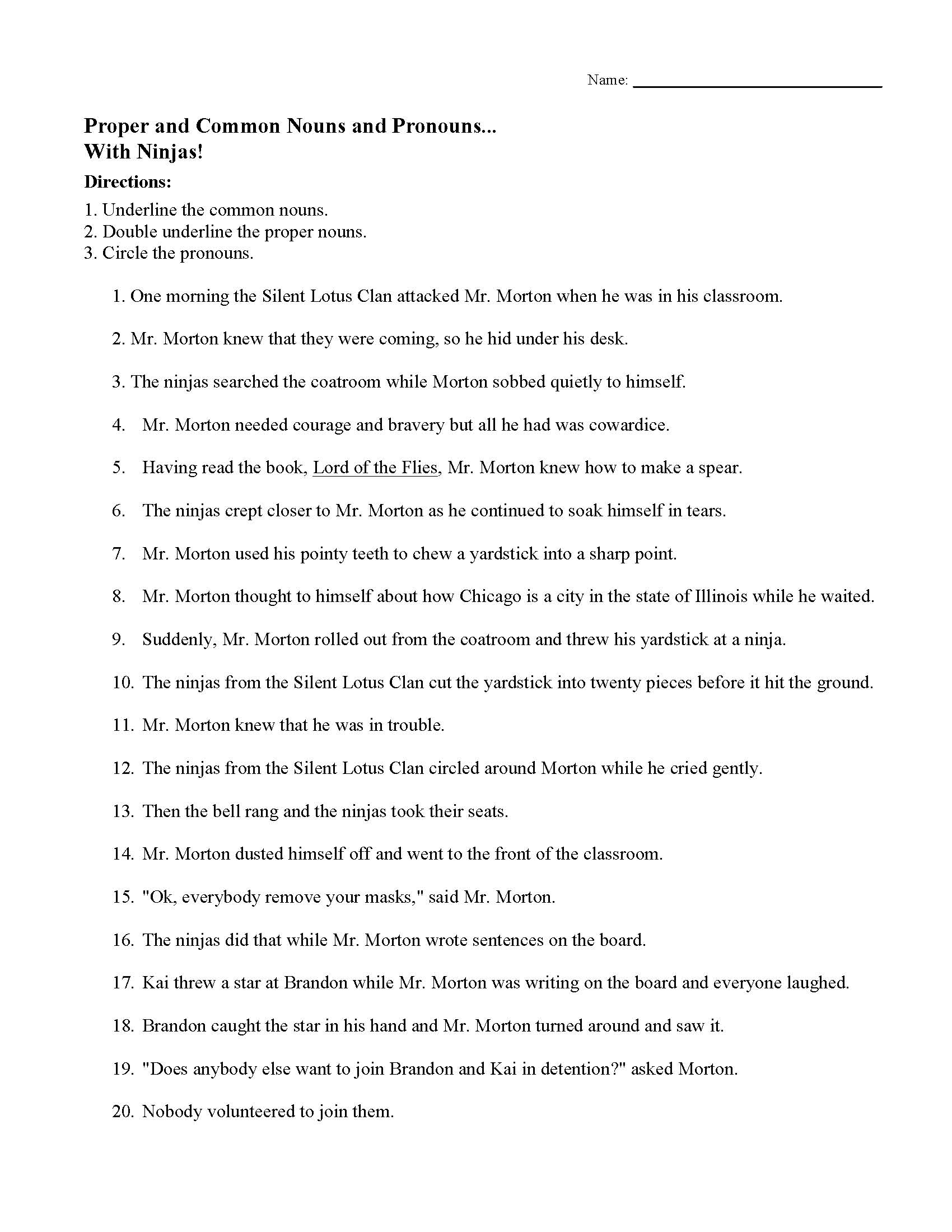 Proper Nouns Common Nouns And Pronouns Worksheet 