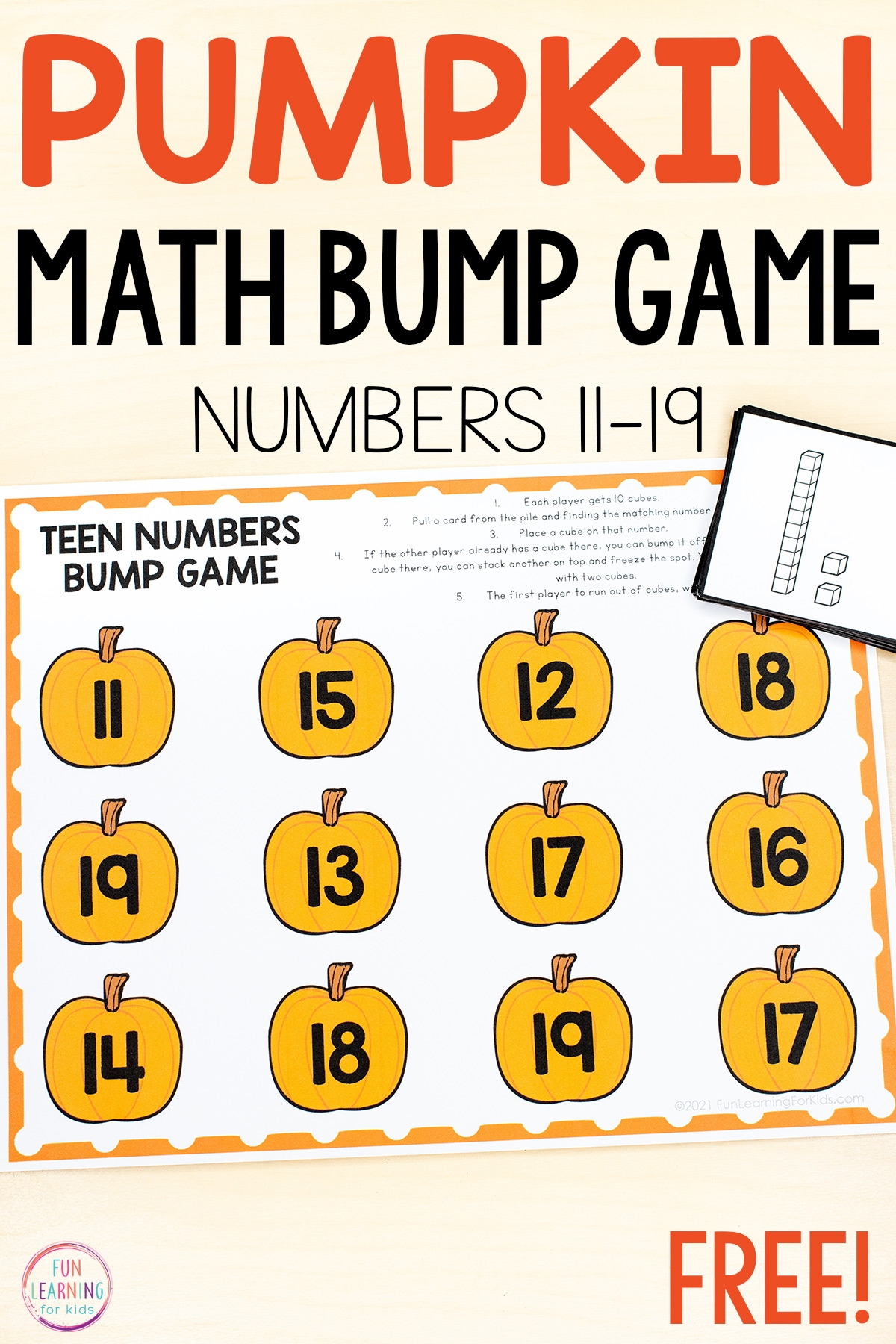Pumpkin Teen Numbers Bump Game Free Printable