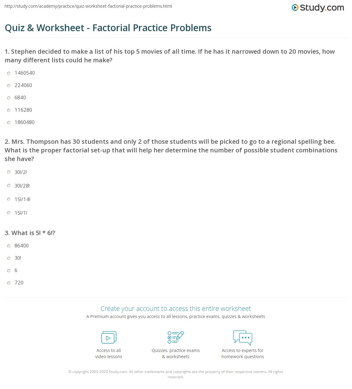 Quiz U0026 Worksheet Factorial Practice Problems Study 