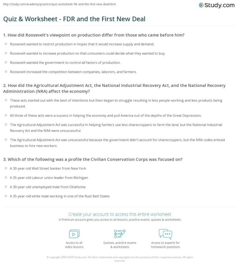 Quiz U0026 Worksheet FDR And The First New Deal Study