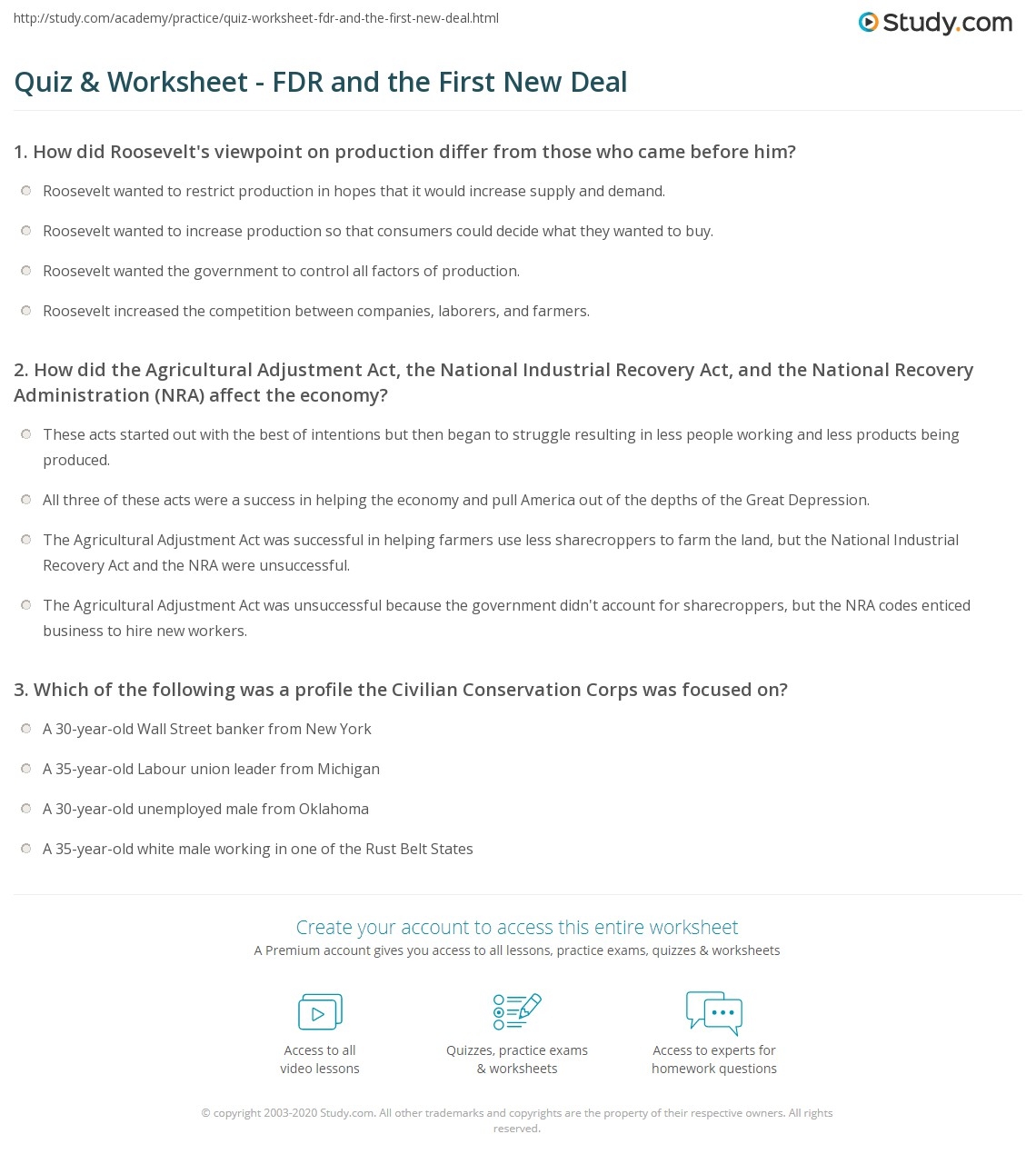 Quiz U0026 Worksheet FDR And The First New Deal Study